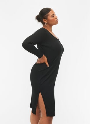 Åtsittande klänning med långa ärmar och slits, Black, Model image number 2