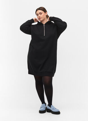 Sweatshirtklänning med huva och dragkedja, Black, Model image number 2