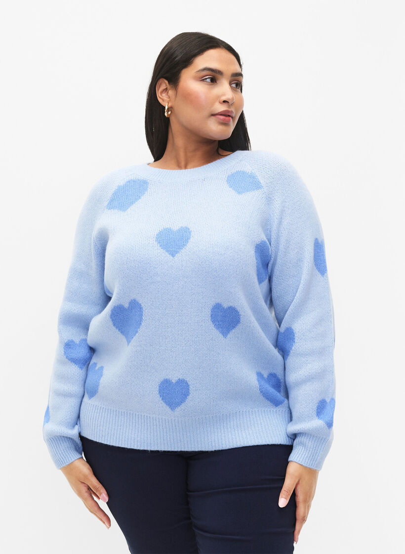 Pullover med hjärtan - Blå - Strl. 42-60 - Zizzi