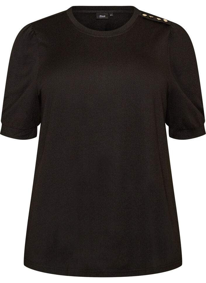 Blus med knappdetalj och korta puff&auml;rmar, Svart, Packshot image number 0