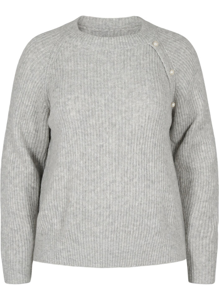 Melerad pullover med pärlknappar, Light Grey Melange, Packshot image number 0