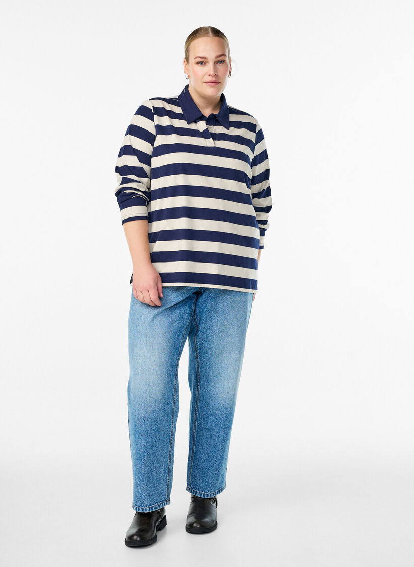 Långärmad pikétröja med breda ränder, Blå, Model image number 1