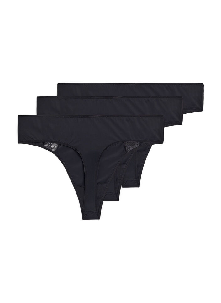 3-pack stringtrosa med spetsdetaljer, Svart, Packshot image number 1