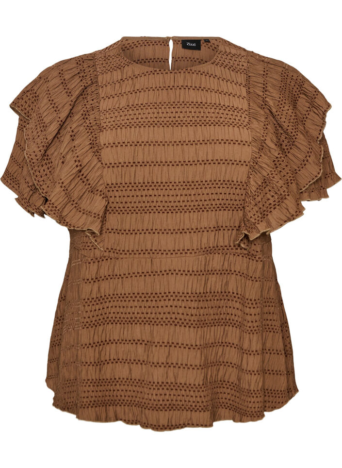 Blus med smock och volang&auml;rmar, Brun, Packshot image number 0