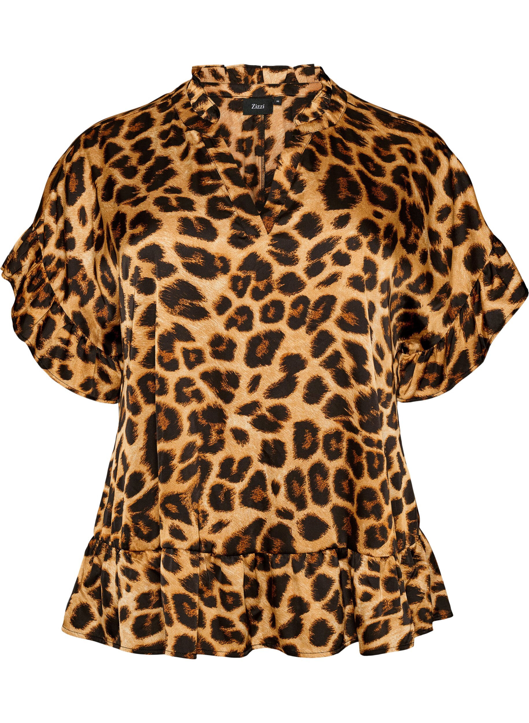 Blus med leopardm&ouml;nster och volangdetaljer