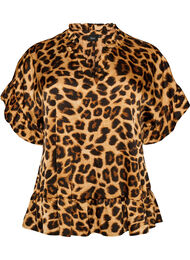 Blus med leopardm&ouml;nster och volangdetaljer, Brun