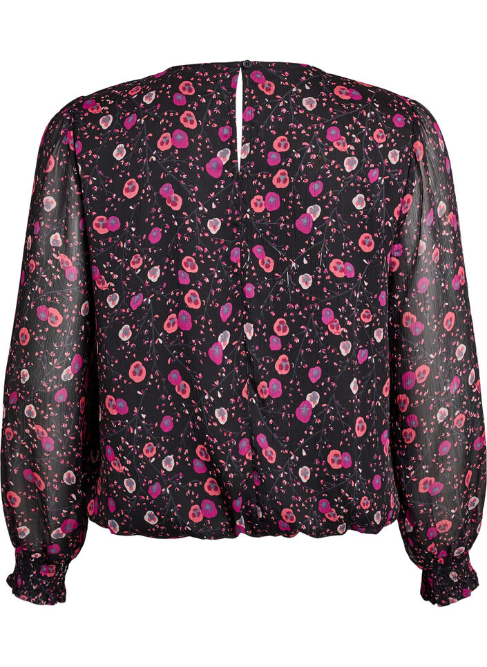 Blommig blus i chiffong med genomskinliga &auml;rmar, Svart, Packshot image number 1