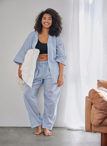 Randiga pyjamasbyxor i bomull och lös passform, White/Blue Stripe, Image image number 0