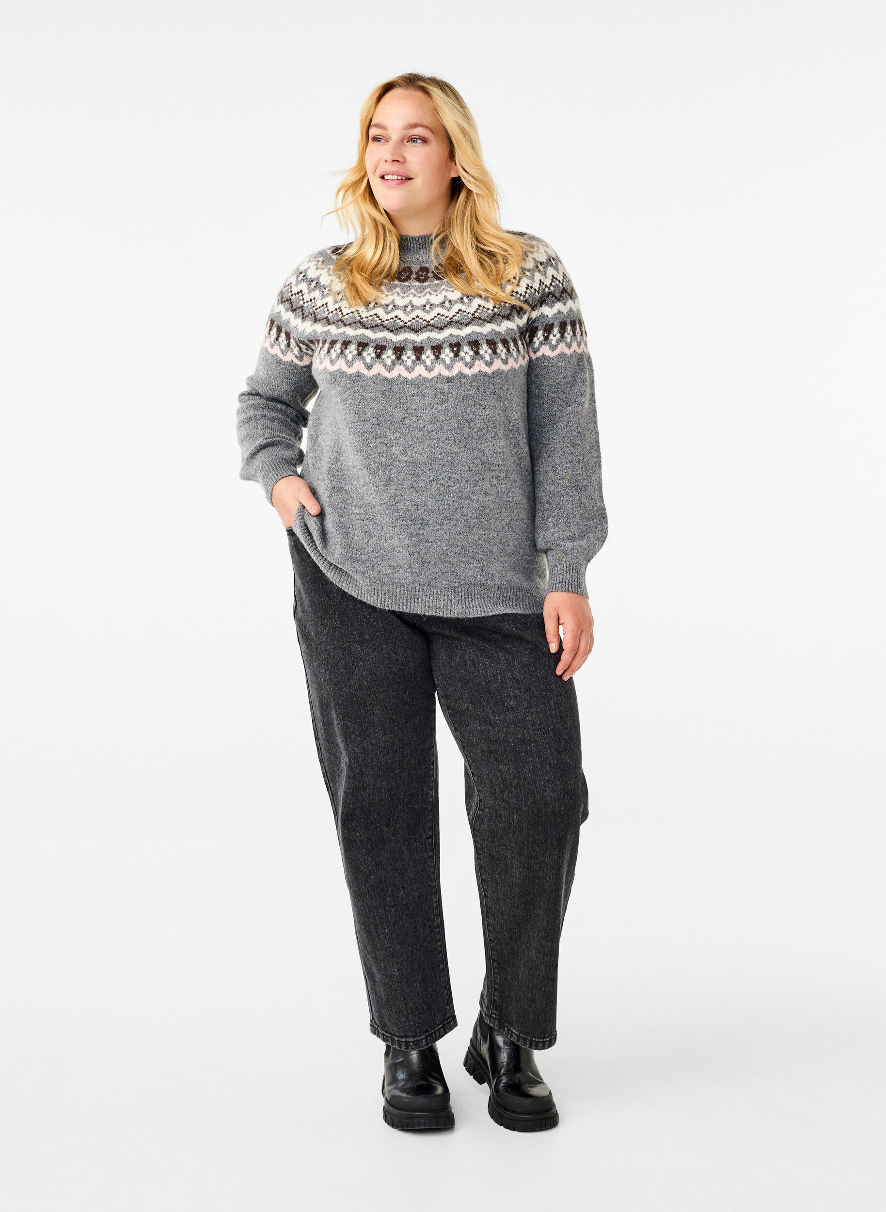 Zizzi Stickad tr&ouml;ja med m&ouml;nster och l&aring;nga &auml;rmar, Medium Grey Comb, Model image number 2