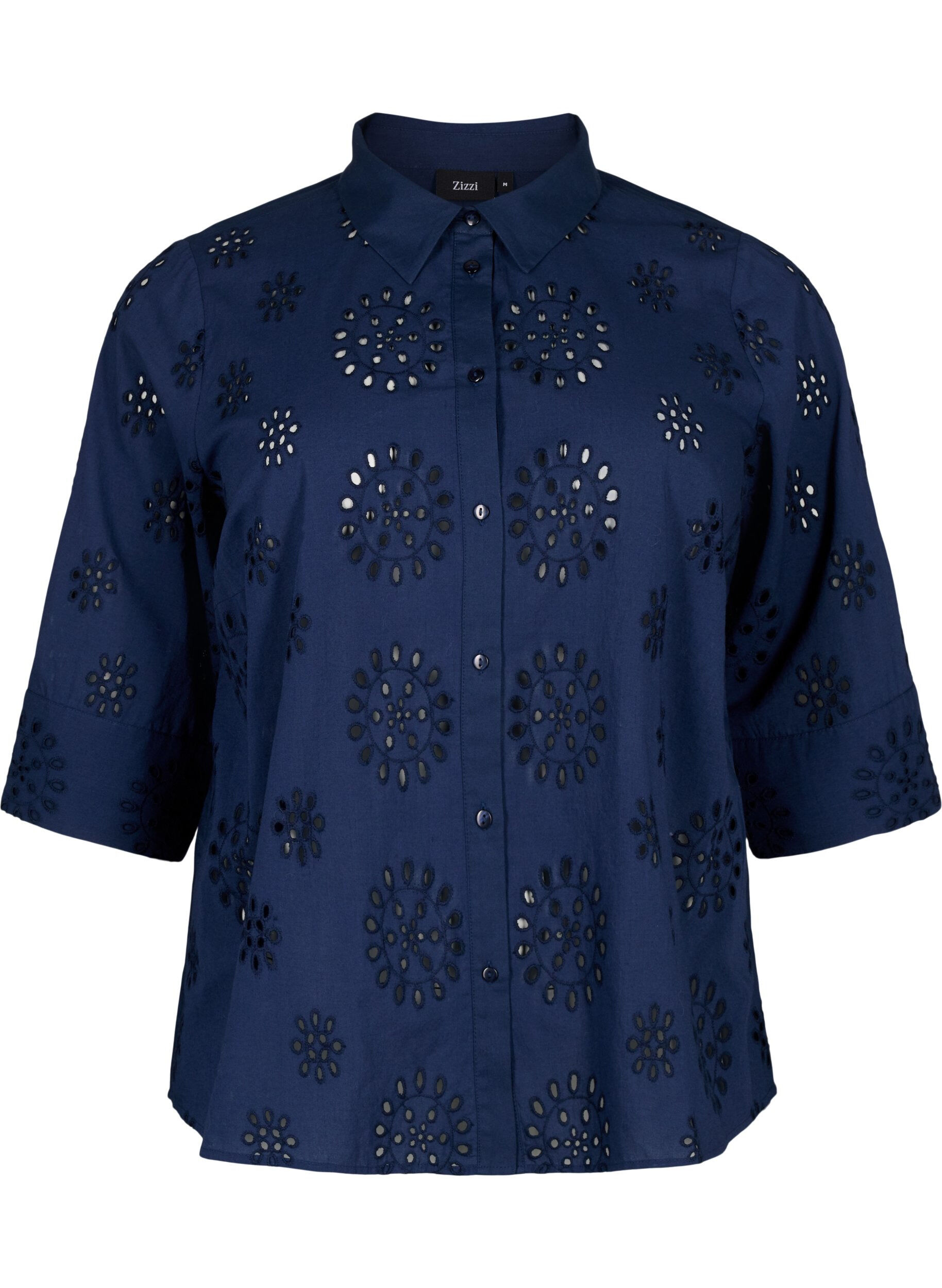 Zizzi Skjortblus med anglaise-broderier och trekvarts&auml;rmar, Navy Blazer, Packshot image number 0