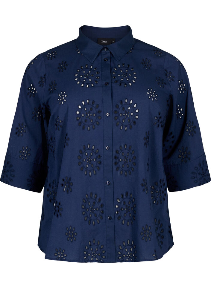 Skjortblus med anglaise-broderier och trekvartsärmar, Navy Blazer, Packshot image number 0
