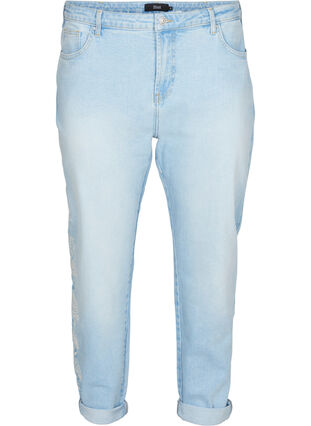 Croppade Mille jeans med mom fit och broderi, Light blue denim, Packshot image number 0