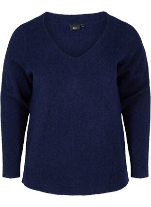 Melerad stickad tröja i ull med v-ringning, Dark Blue Mel., Packshot image number 0