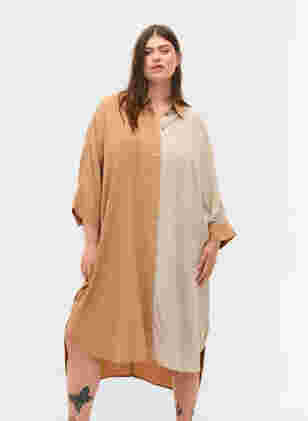 Blockfärgad skjortklänning med 3/4 ärmar i viskos, Praline, Model