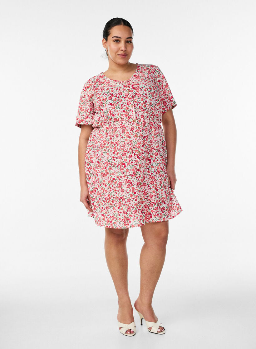 Kort kl&auml;nning i bomull med blommigt m&ouml;nster, R&ouml;d, Model image number 1