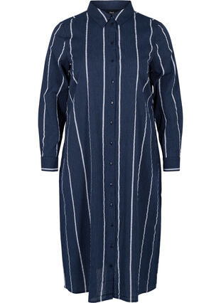 Lång skjortklänning i bomull med randigt mönster, N.Sky w.White Stripe, Packshot image number 0