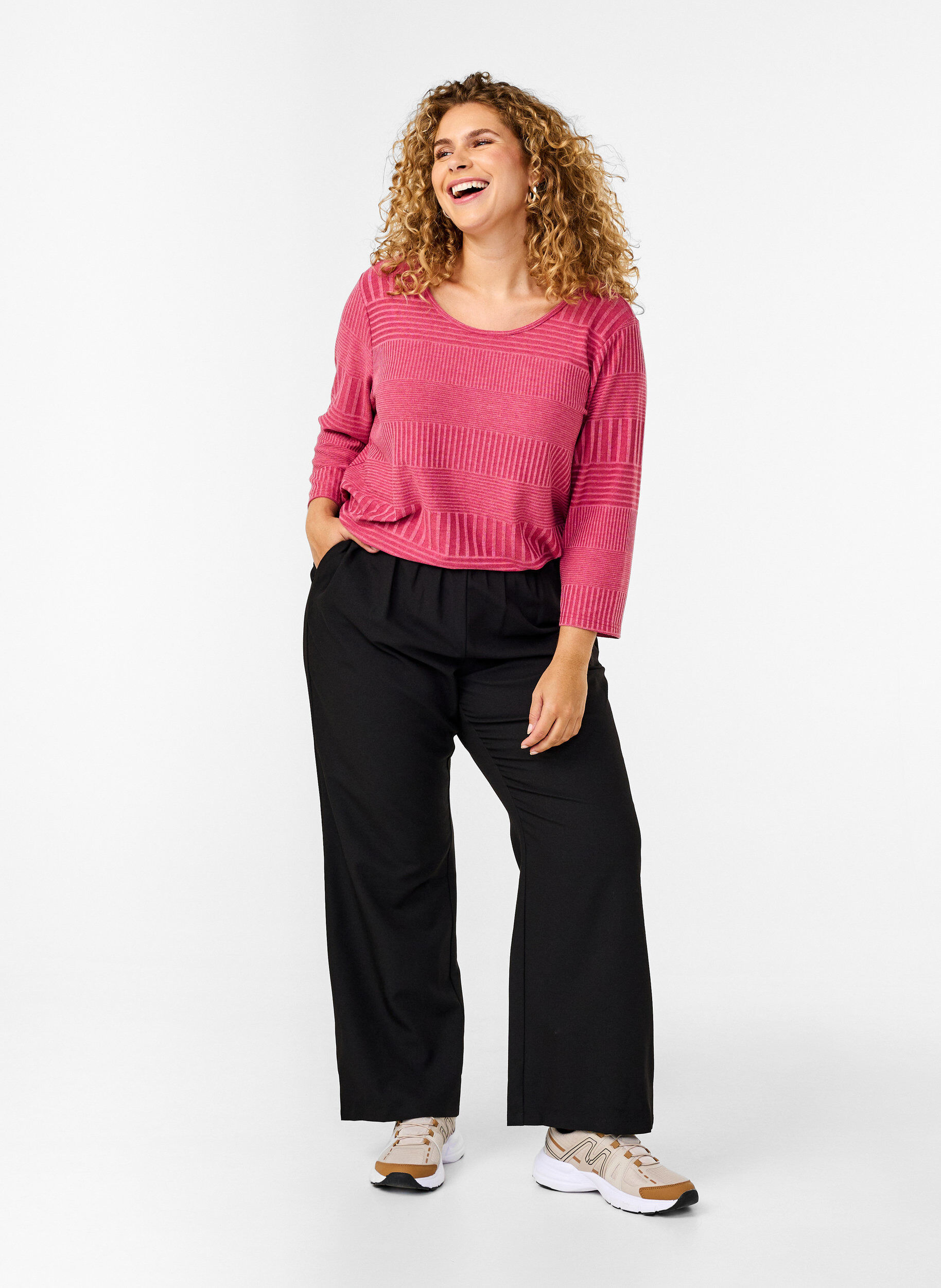 Zizzi Blus med trekvarts&auml;rm och randigt m&ouml;nster, Malaga Mel., Model image number 2