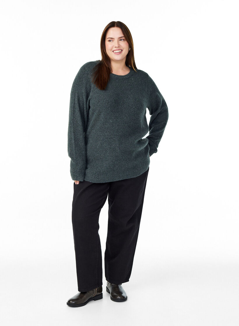 Melerad stickad blus med rund hals, Grön, Model image number 1