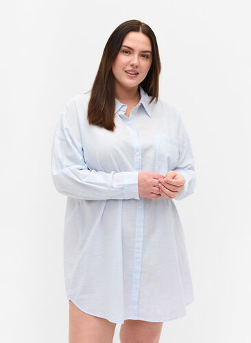 Randig nattskjorta i bomull, White w. Blue Stripe, Model image number 0