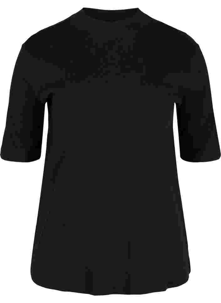 Bomullströja med hög hals och 2/4-ärmar, Black, Packshot image number 0