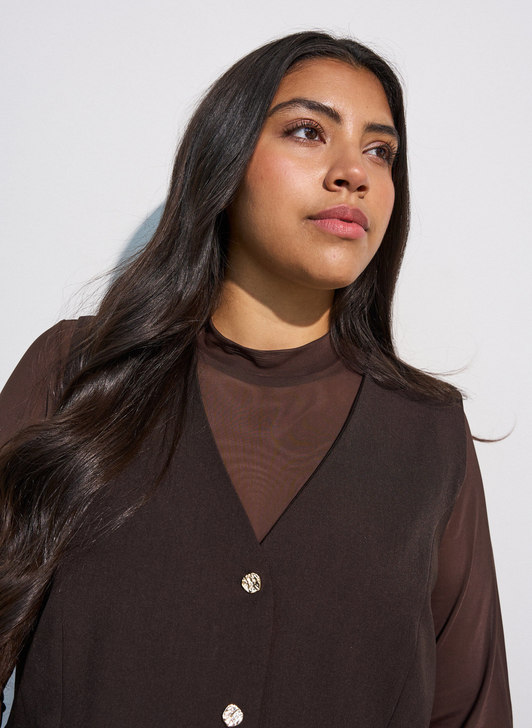 ZizziFigursydd blus i mesh med l&aring;nga &auml;rmar, Brun, Model image number 3