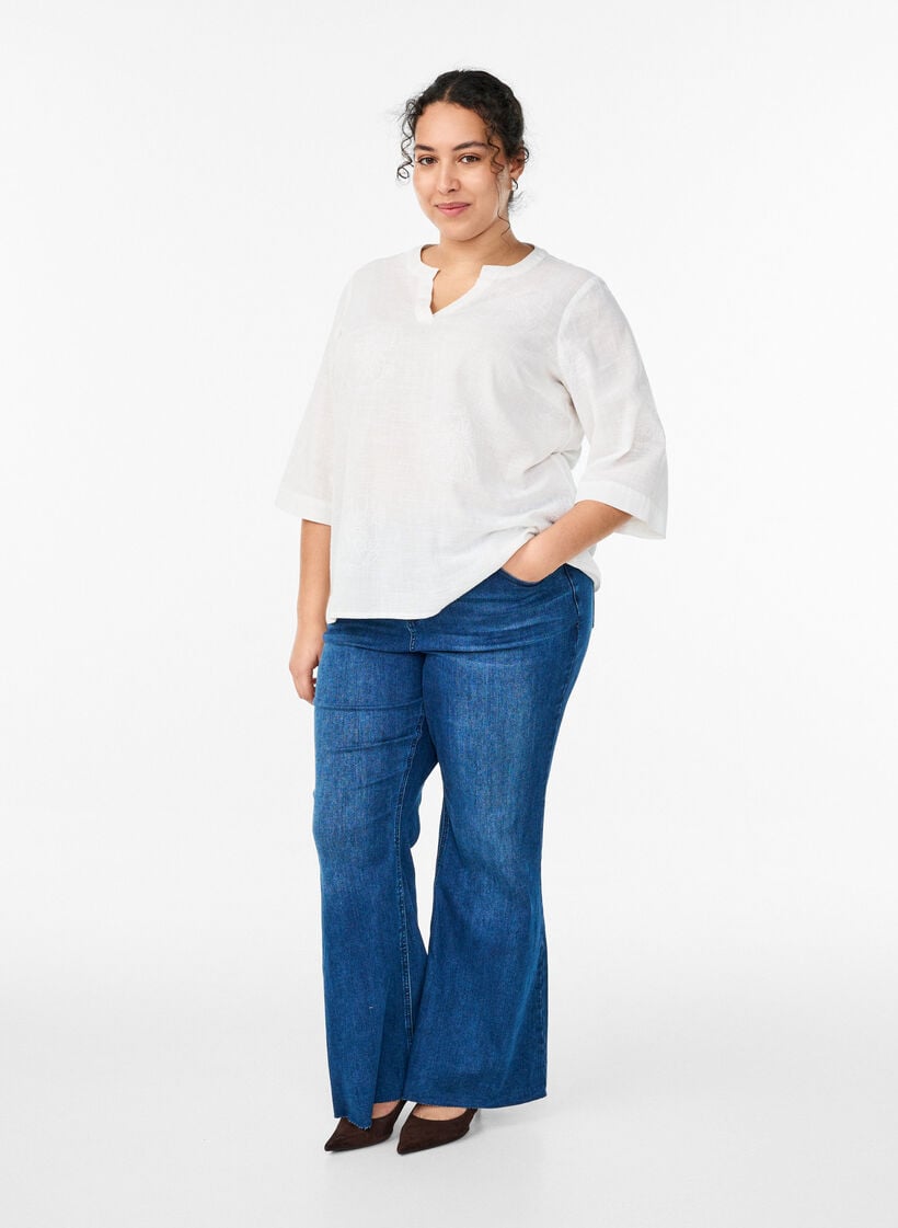 Blus i bomull med broderade detaljer och 3/4-&auml;rmar, Vit, Model image number 1