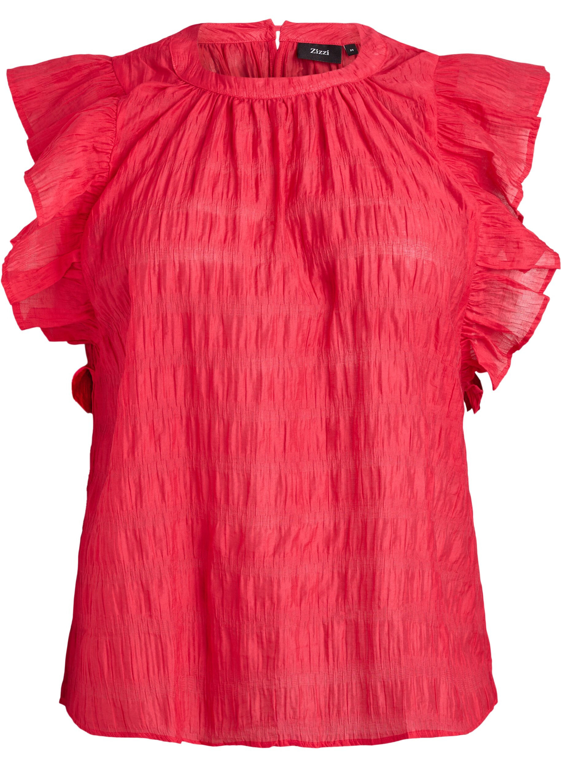 Zizzi&Auml;rml&ouml;s blus med struktur och volanger, R&ouml;d, Packshot image number 0