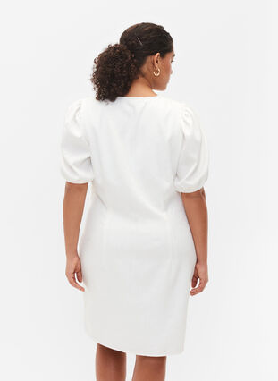 Kortärmad klänning med drapering och struktur, Bright White, Model image number 1