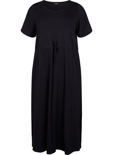 Midiklänning i bomull med korta ärmar, Black Solid, Packshot image number 0