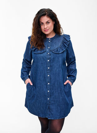 Jeansklänning med dekorativa knappar och volanger, Dark blue denim, Model image number 0