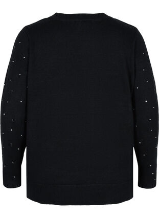Stickad ribbad tröja med dekorativa stenar, Black, Packshot image number 1