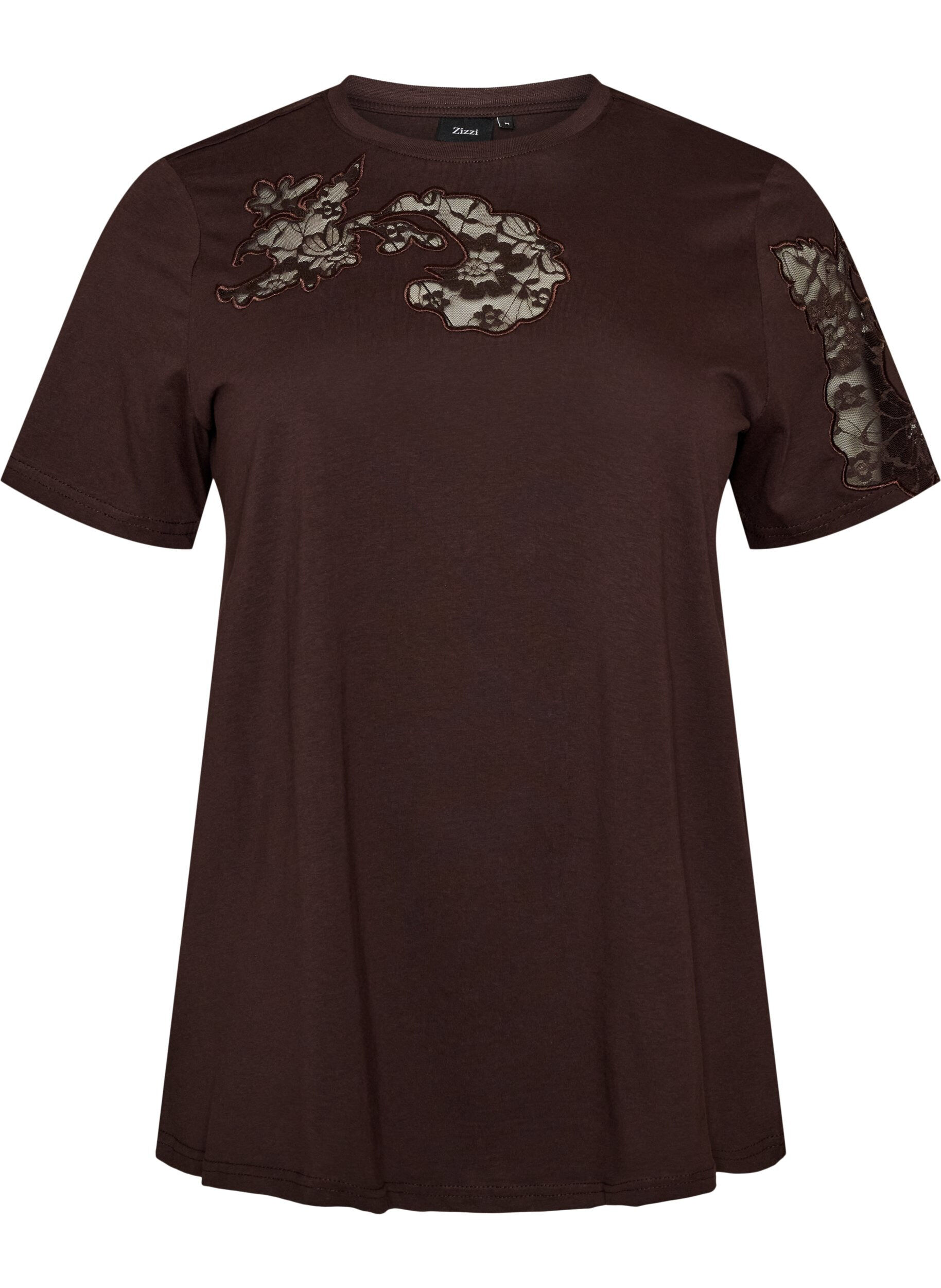 ZizziT-shirt i bomull med spetsapplikationer, Brun, Packshot image number 0