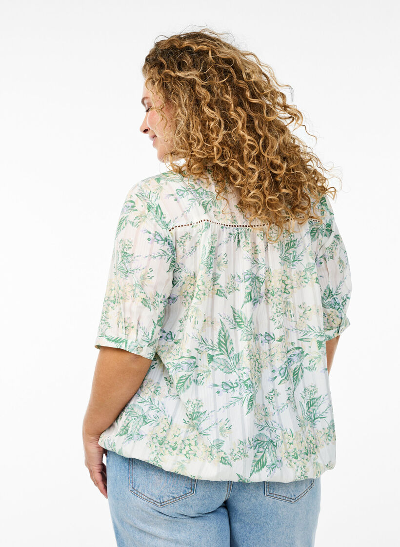 Blus med tryck och halvkorta &auml;rmar, Vit, Model image number 2