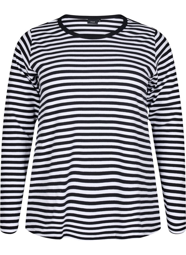 Randig blus med l&aring;nga &auml;rmar, Svart, Packshot image number 0