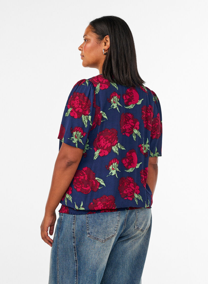 Blus i viskos med blommigt m&ouml;nster och ballongform, Bl&aring;, Model image number 2