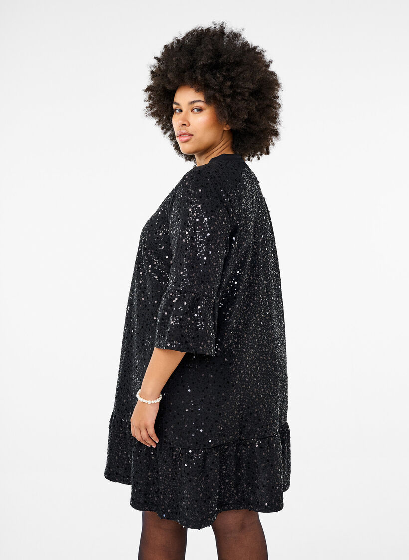 Paljettklänning med V-ringning och trekvartsärmar, Black w. Bl. Sequins, Model image number 1