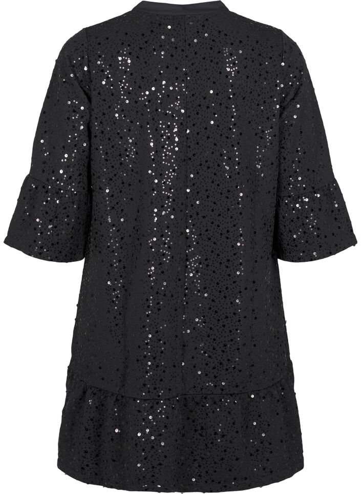 Paljettklänning med V-ringning och trekvartsärmar, Black w. Bl. Sequins, Packshot image number 1