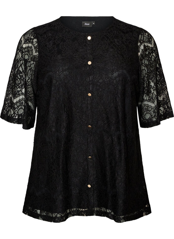 Blus i spets med dekorativa knappar, Svart, Packshot image number 0