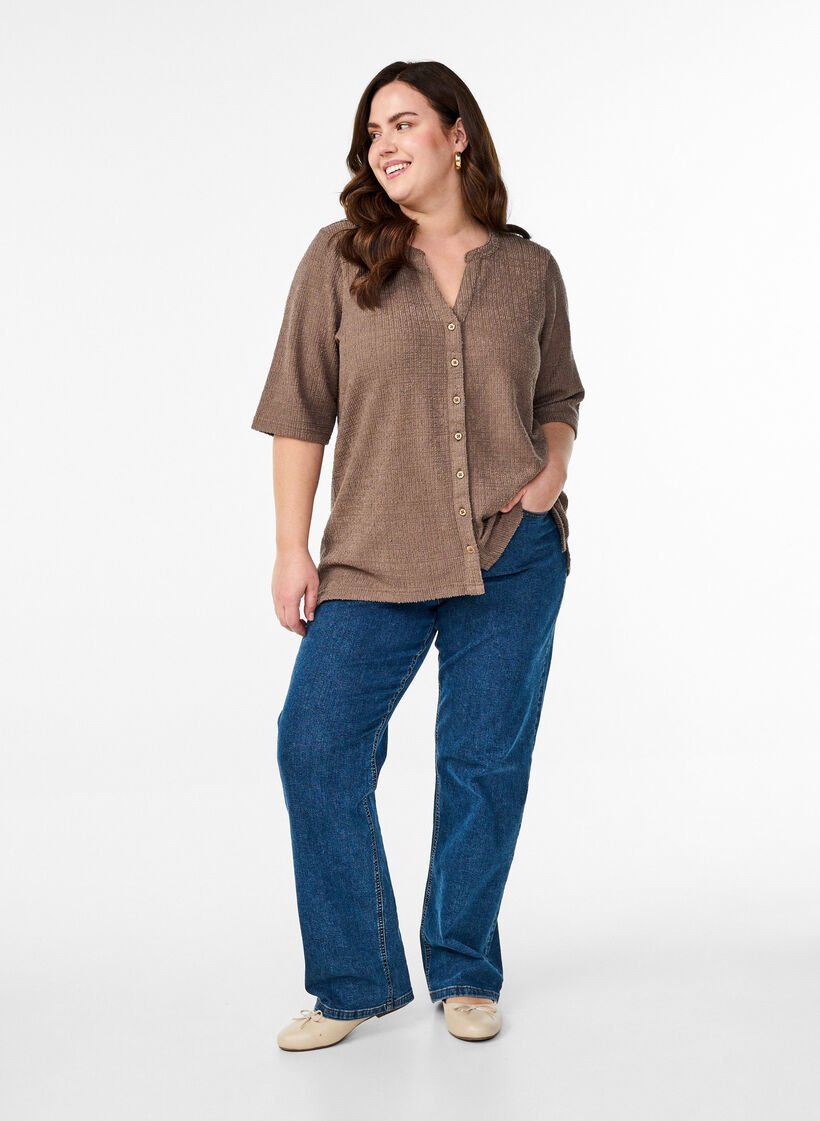 Blus med struktur och V-ringning, Walnut, Model image number 2