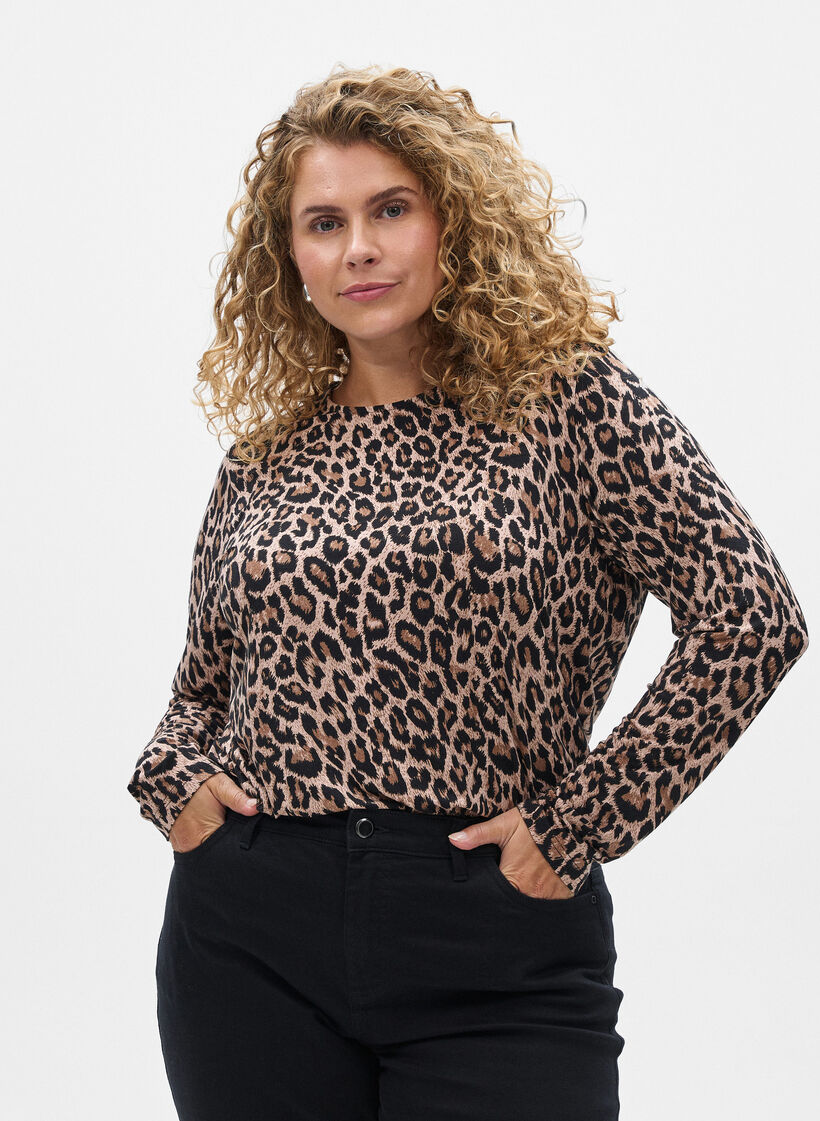 L&aring;ng&auml;rmad blus med leopardm&ouml;nster, Brun, Model image number 0