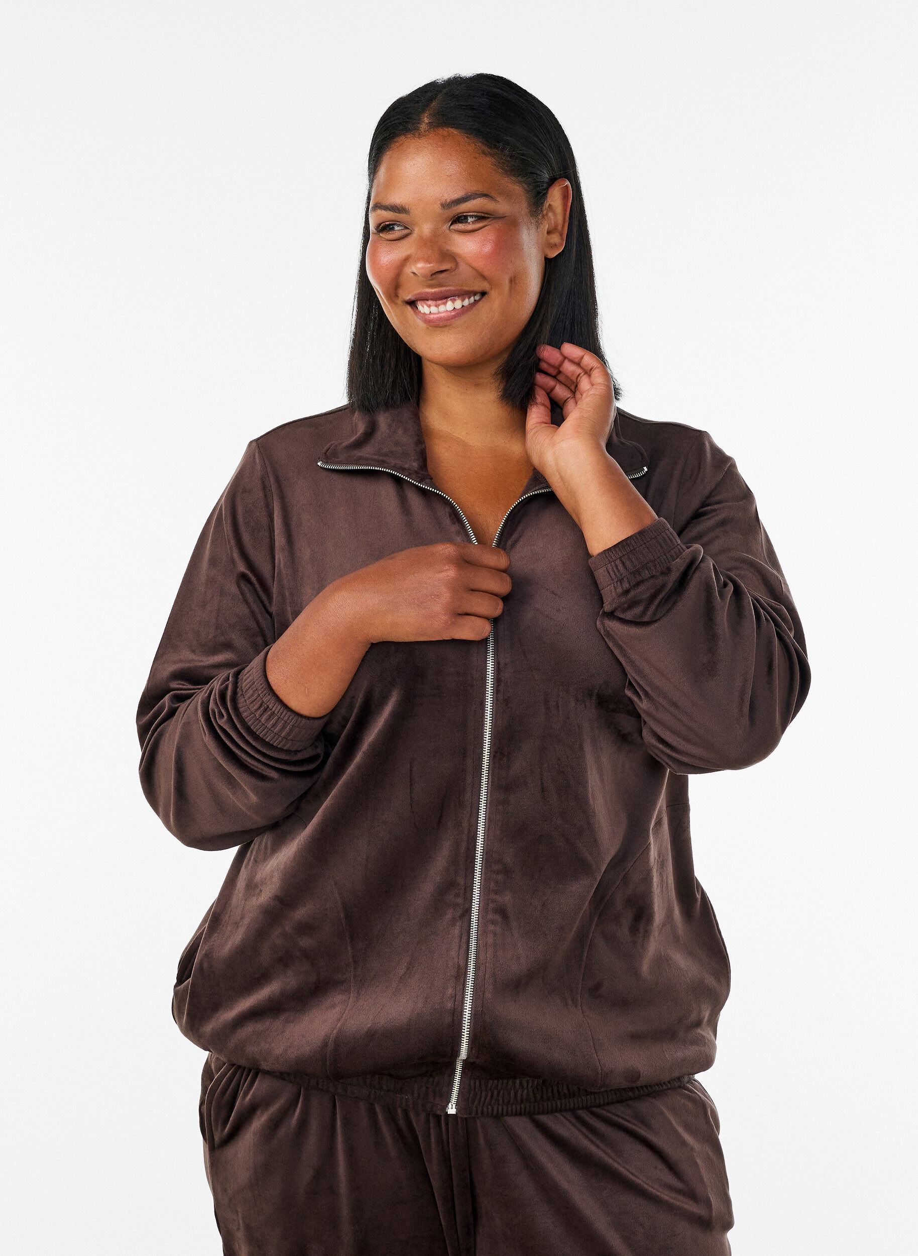 ZizziKofta i mjuk velour med dragkedja och h&ouml;g krage, Brun, Model image number 0