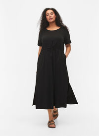 Midiklänning i bomull med korta ärmar, Black Solid, Model