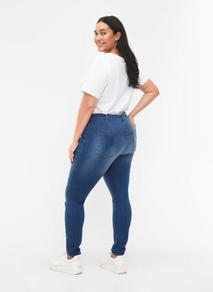 Extra slimmade Sanna jeans med förstörd stil, Blue denim, Model image number 1