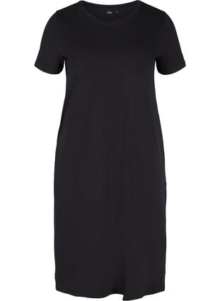 Kortärmad klänning i bomull med slits, Black, Packshot image number 0