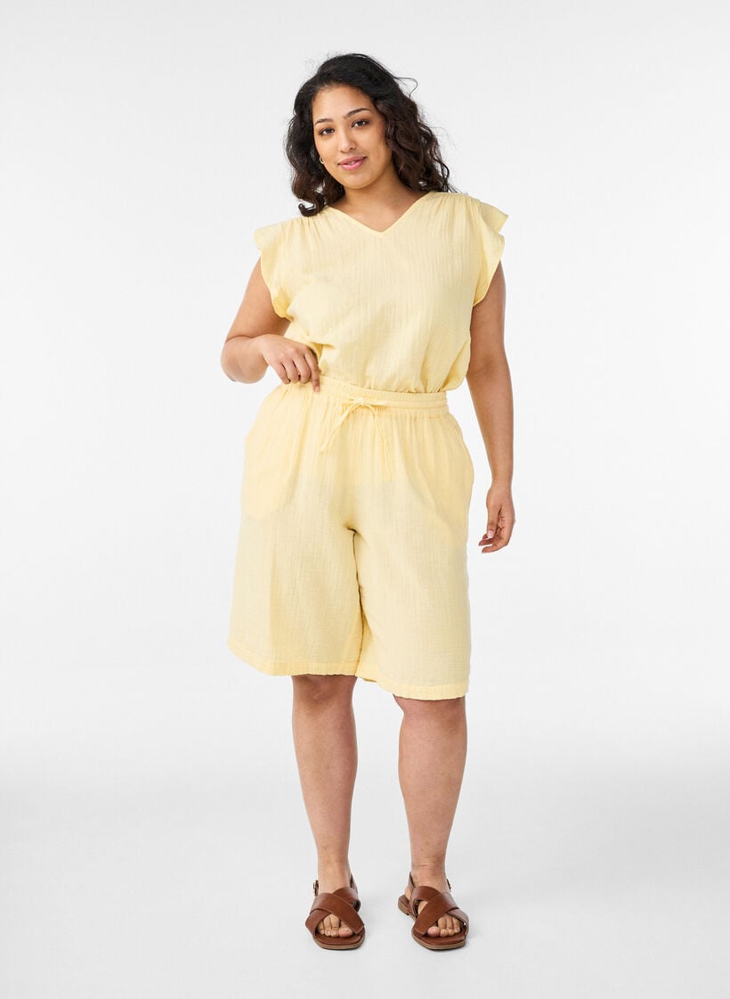L&ouml;sa shorts i bomullsmuslin med h&ouml;g midja, Gul, Model image number 1