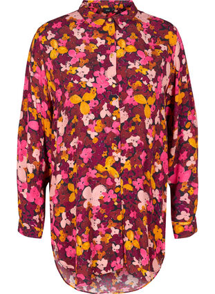 Blommig tunika i viskos med långa ärmar, Hot Pink Flower, Packshot image number 0