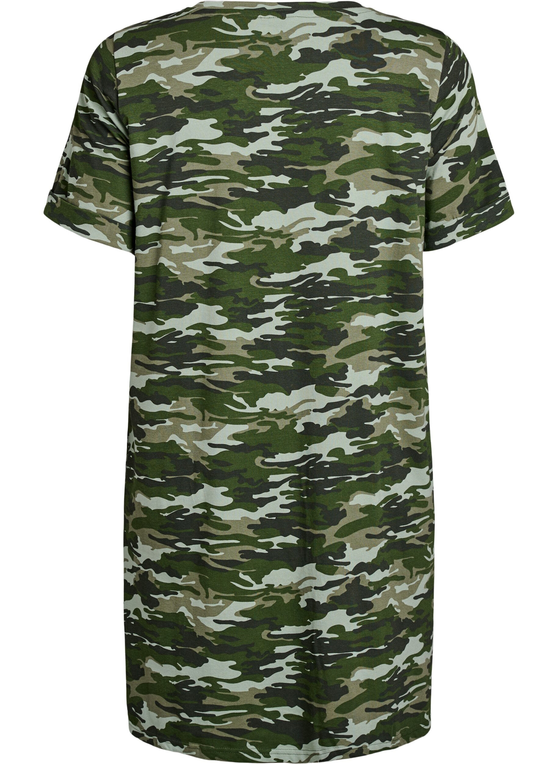 Zizzi Kort t-shirtkl&auml;nning i bomullstrik&aring;, Gr&ouml;n, Packshot image number 1