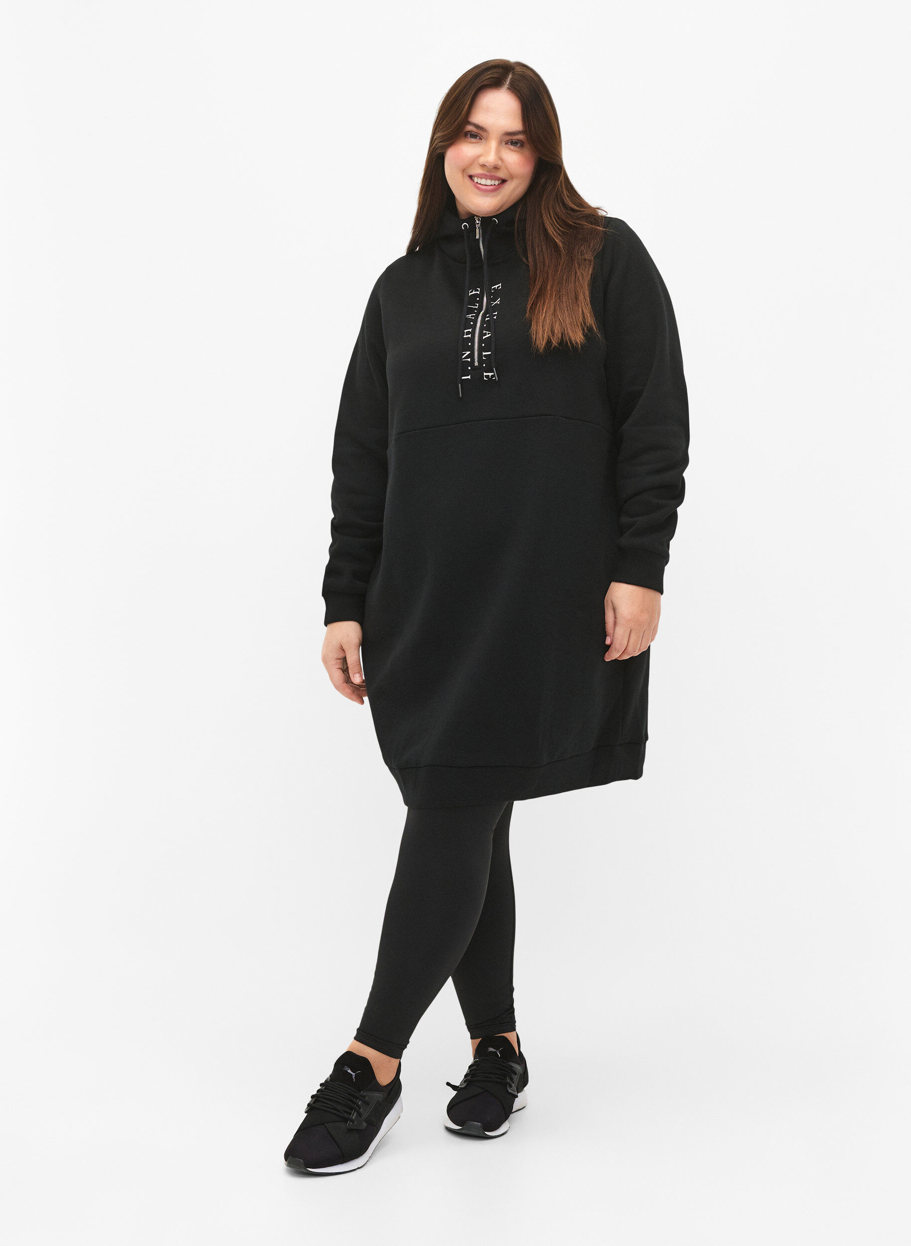 Zizzi Sportig sweatshirtkl&auml;nning med huva, Black/Grey, Model image number 2