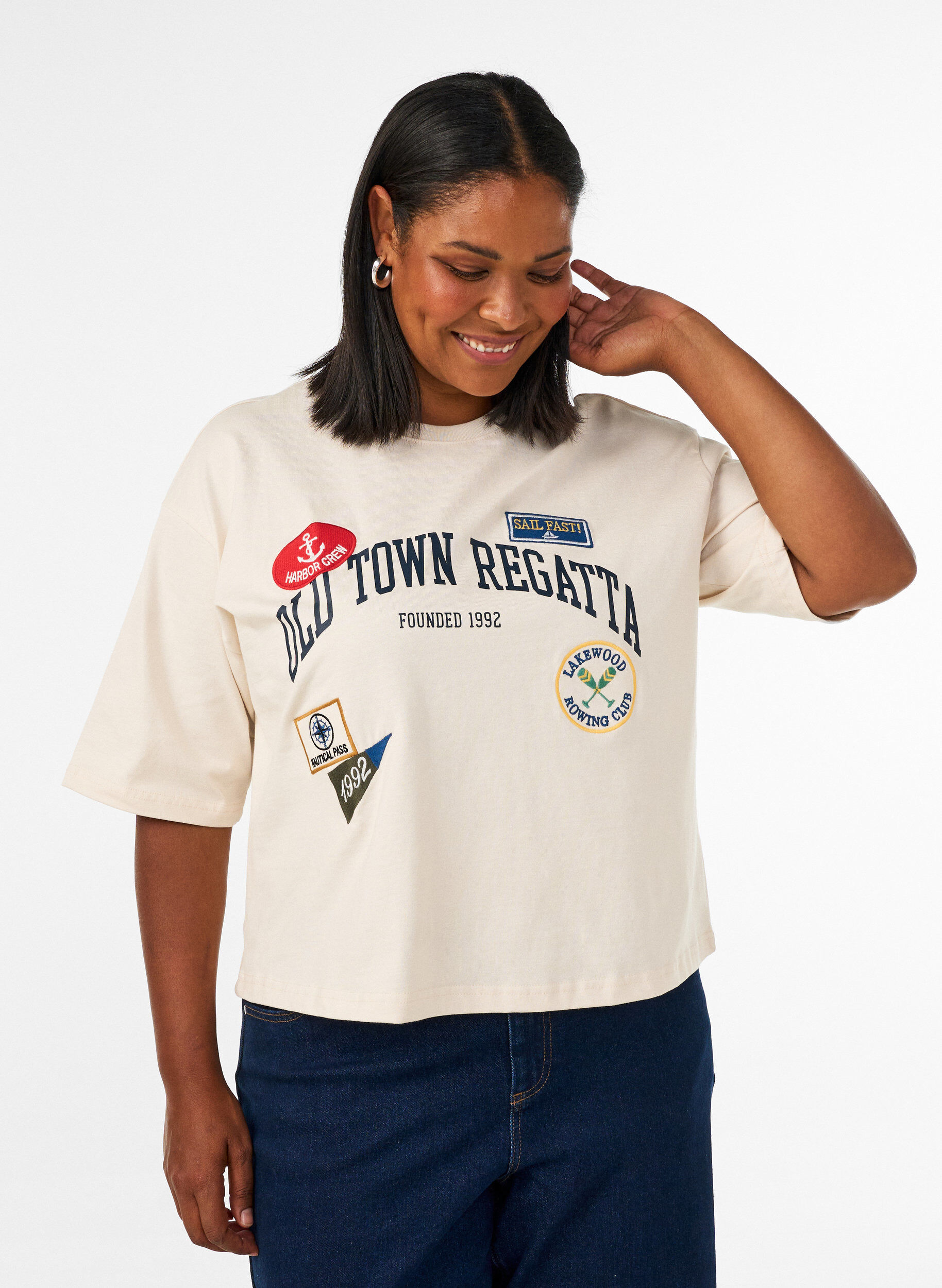 ZizziT-shirt med texttryck och m&auml;rken, Beige, Model image number 0