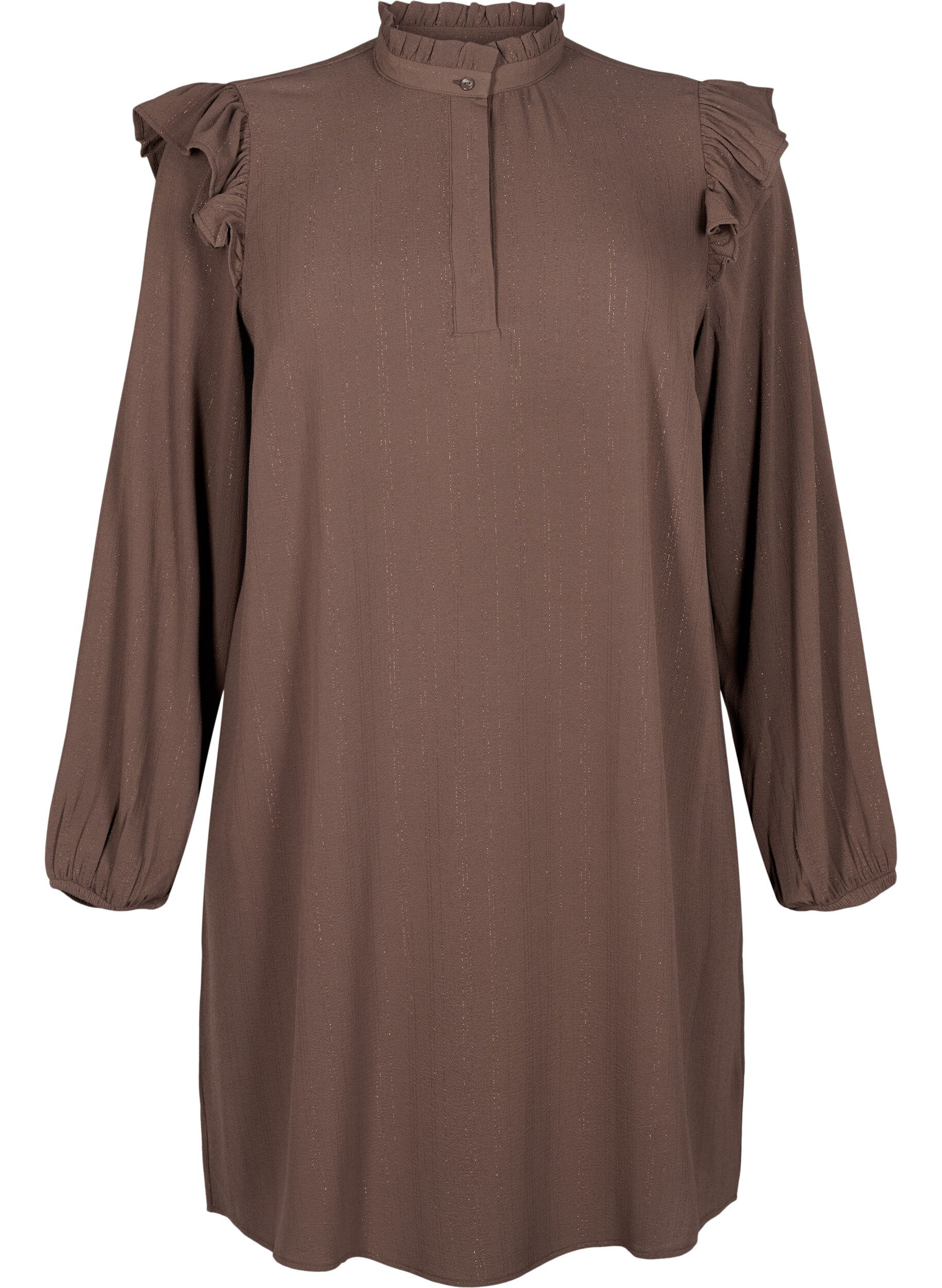 Zizzi Kort kl&auml;nning med volanger och glitter, Brun, Packshot image number 0